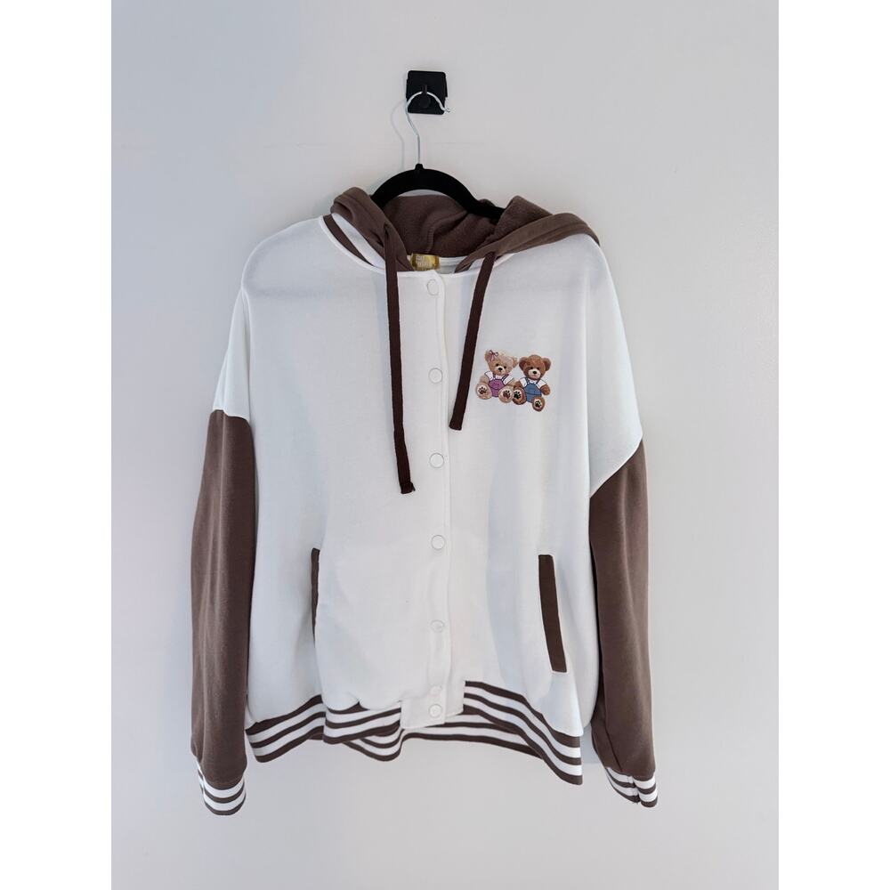 Cult Favorite Varsity Style Hoodie Button Up with Teddy Bear Graphic-Size 3X